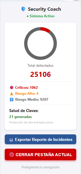 Interfaz de usuario de la extensión Security Coach mostrando estadísticas de amenazas