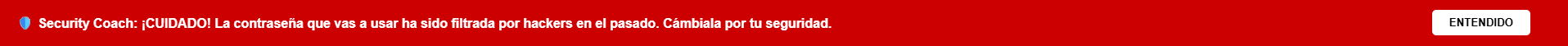 Alerta roja en el navegador advirtiendo sobre una contraseña filtrada