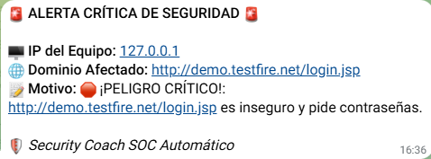 Alerta crítica de seguridad recibida a través de Telegram vía Webhook