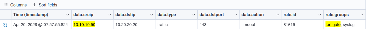 Log de Wazuh capturando el evento de FortiGate mediante Syslog